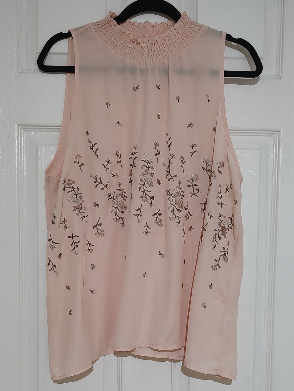 Sleeveless Pink Floral Embroidered Mock Neck Blouse